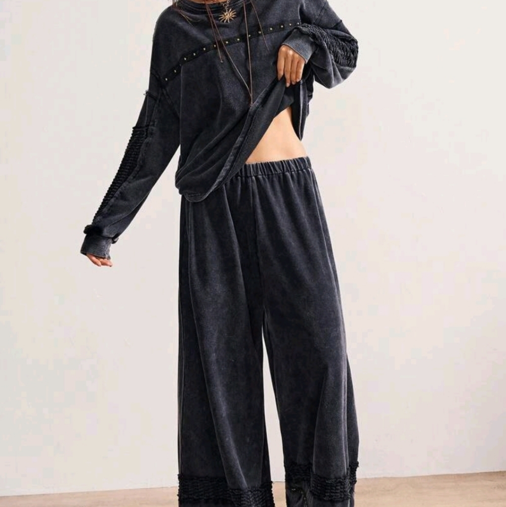 New Womens Boho Knit Crewneck Long Sleeve Loose Top & Wide Leg Relaxed Pants